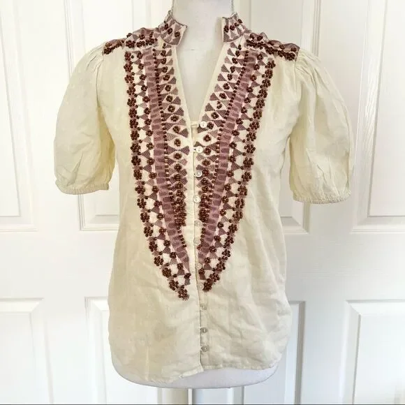 Anthropologie Forever That Girl Cotton Embroidered Beaded Peasant Top Ecru US 2 - Picture 4 of 10